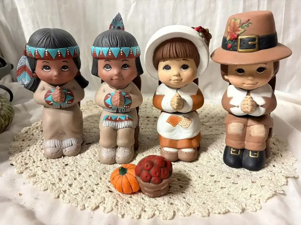Vintage Thanksgiving Ceramic Figurine Set Pilgrim and Native American Children
